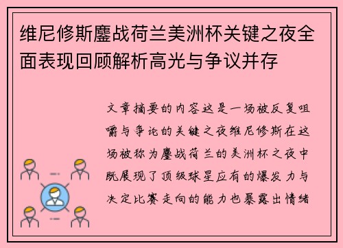 维尼修斯鏖战荷兰美洲杯关键之夜全面表现回顾解析高光与争议并存