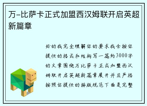 万-比萨卡正式加盟西汉姆联开启英超新篇章