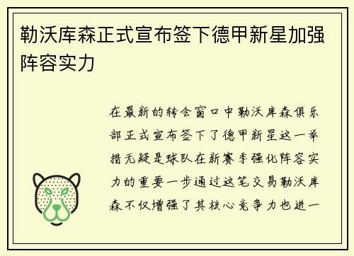 勒沃库森正式宣布签下德甲新星加强阵容实力 勒沃库森正式宣布签下德甲新星加强阵容实力